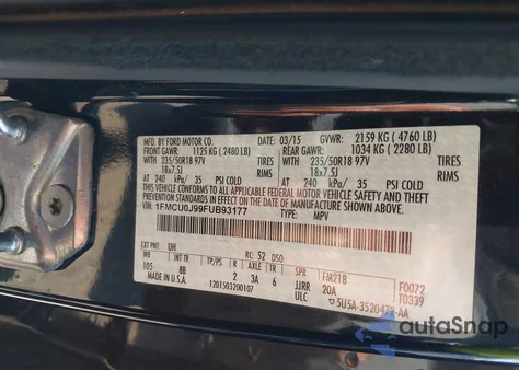 2015 Ford Escape Titanium z USA, uszkodzony, nr VIN 1FMCU0J99FUB93177